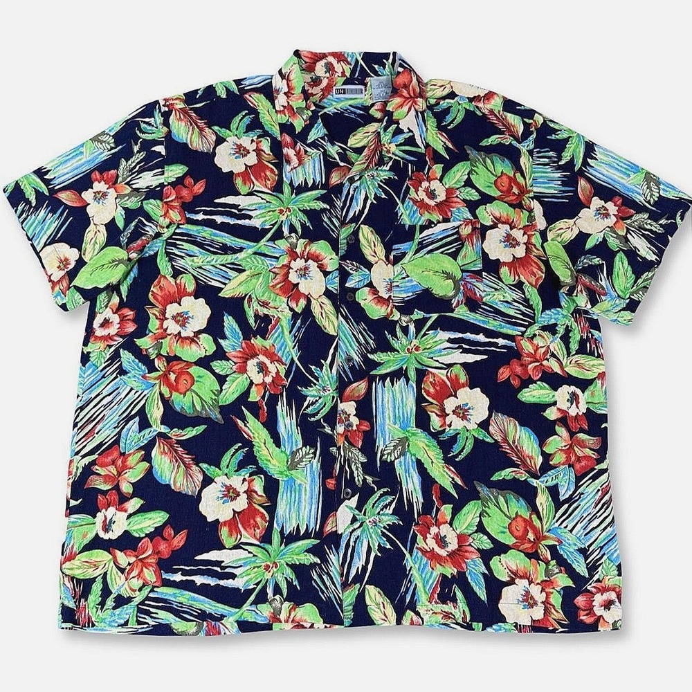 Vintage Un Tied Loud Silk Camp Shirt Men 2XL Navy Tropical Floral Hawaiian Bold